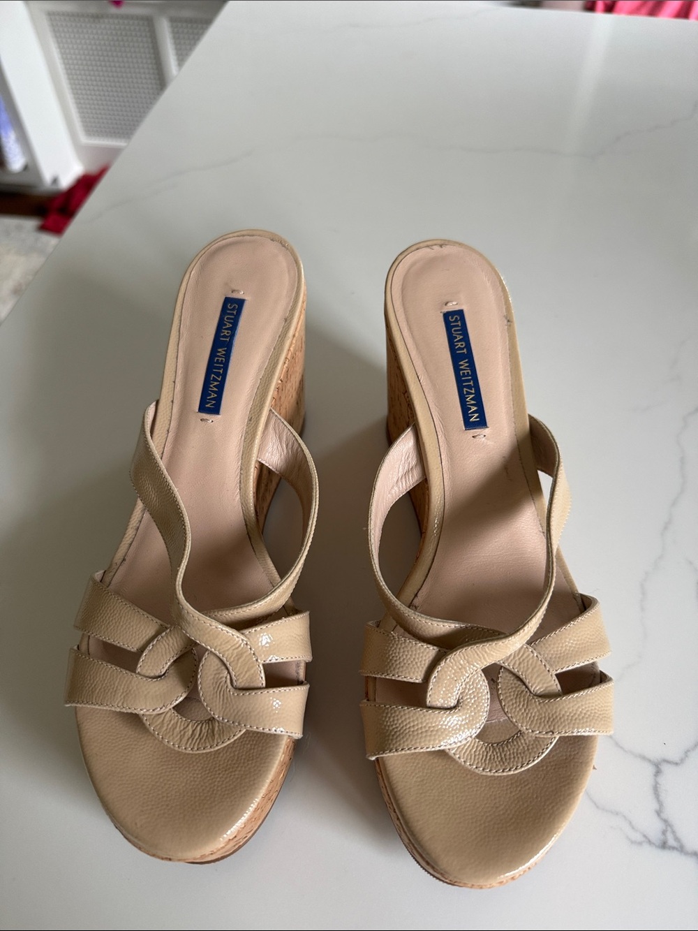 Stuart Weitzman Beige Woven Leather Wedge Sandals
